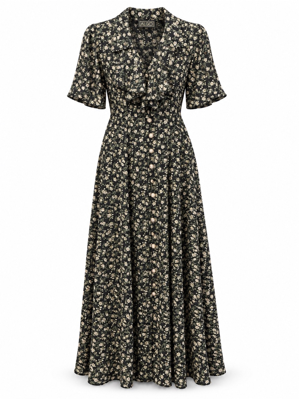VINTAGE ALGO Black Floral Button-Front Maxi Dress